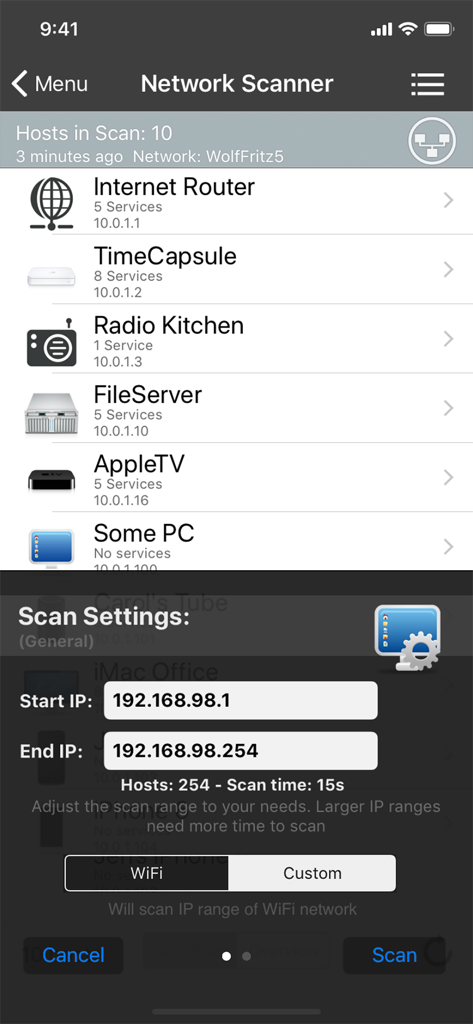 iNet - Network Scanner - iNet Network Scanner interface showing a list of connected devices and IP range scan configuration.