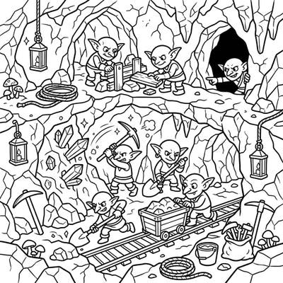 Journey deep underground with this detailed coloring page featuring a band of busy goblin miners! Watch as they dig for precious gems and transport their treasures through intricate cave systems.