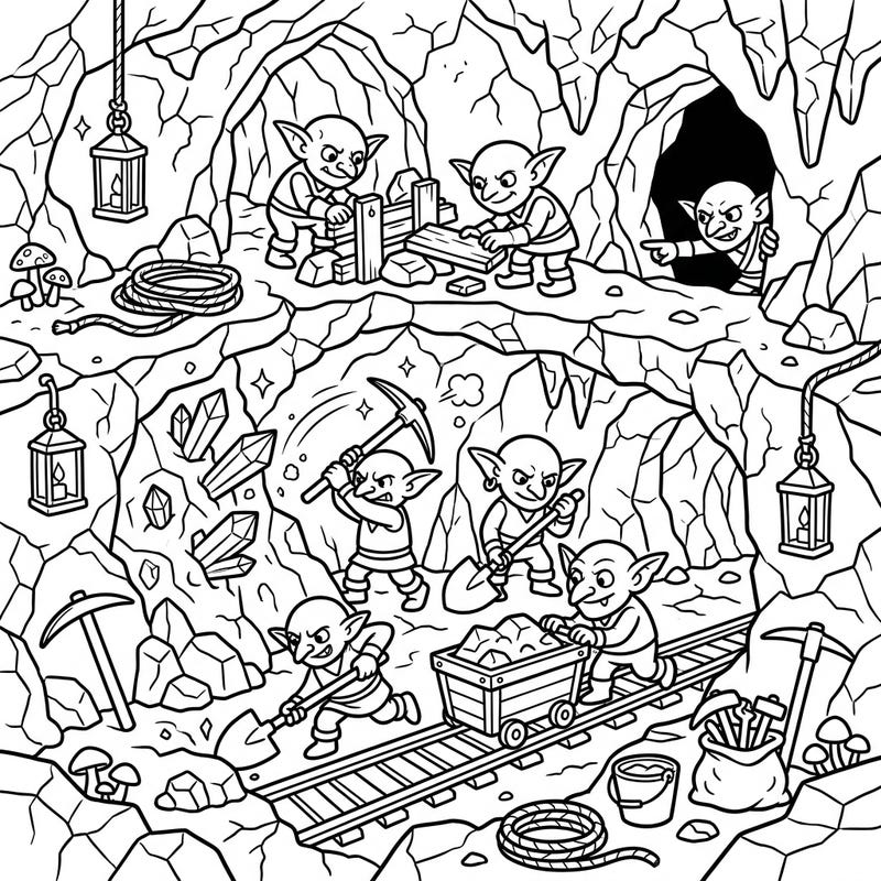 Journey deep underground with this detailed coloring page featuring a band of busy goblin miners! Watch as they dig for precious gems and transport their treasures through intricate cave systems.