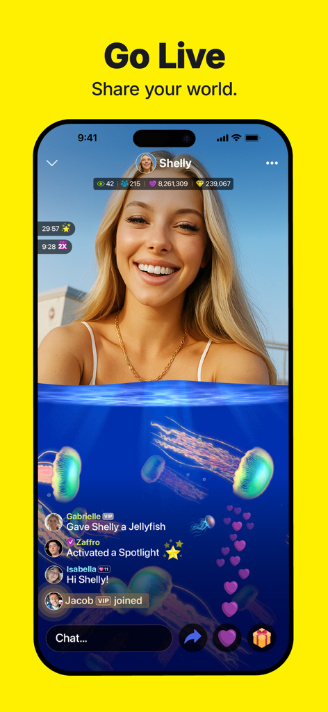 A woman live streaming on the C2 Live app with virtual jellyfish gifts and real time chat