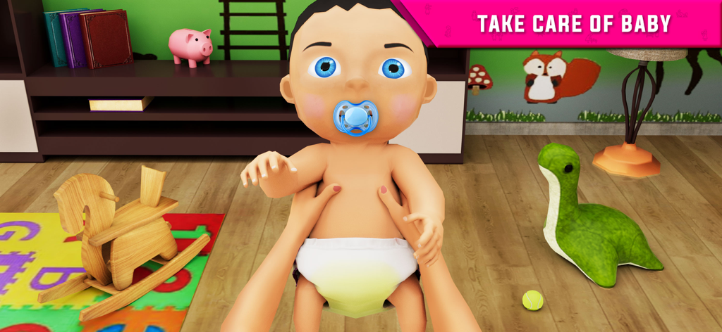 Mother Simulator:Mom Life Game - Mother Simulator gameplay showing a virtual baby with a pacifier in a nursery