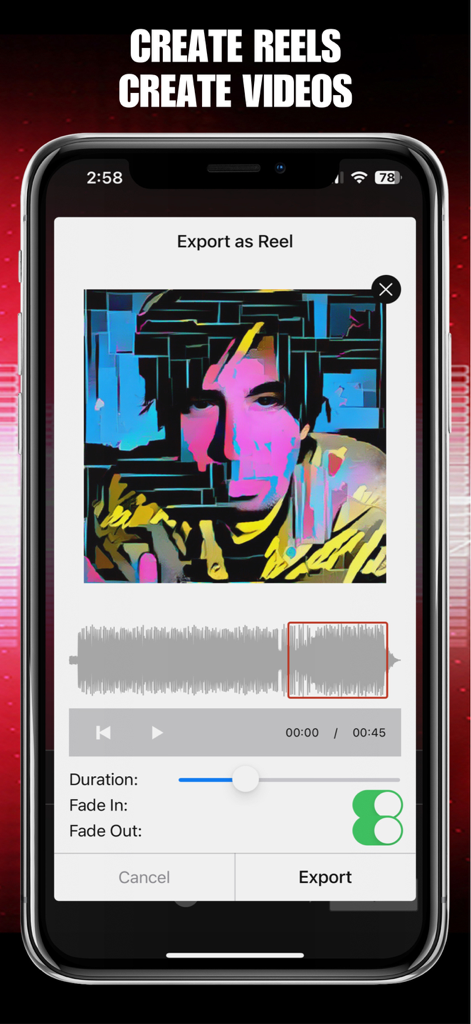 AudioMaster app interface showing the export as reel feature with audio waveform and visual settings
