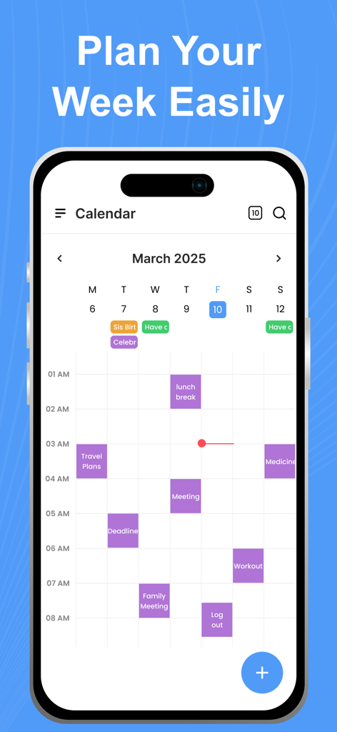 Week Calendar - Event Manager - Smartphone displaying a weekly planner view with color coded events and schedule blocks