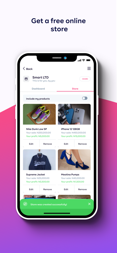 Prospaアプリのオンラインストア機能を表示するスマートフォンの画面。ナイジェリアのビジネスの商品リストと利益追跡が表示されている。