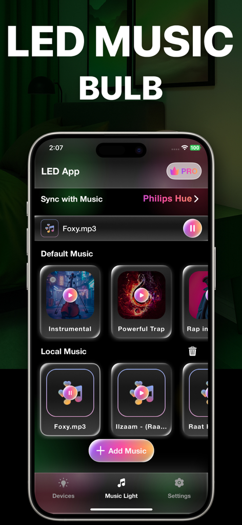 LED Lamp Manager: LedAI - Pantalla de iPhone mostrando la función de sincronización musical de la aplicación LedAI para bombillas LED inteligentes.