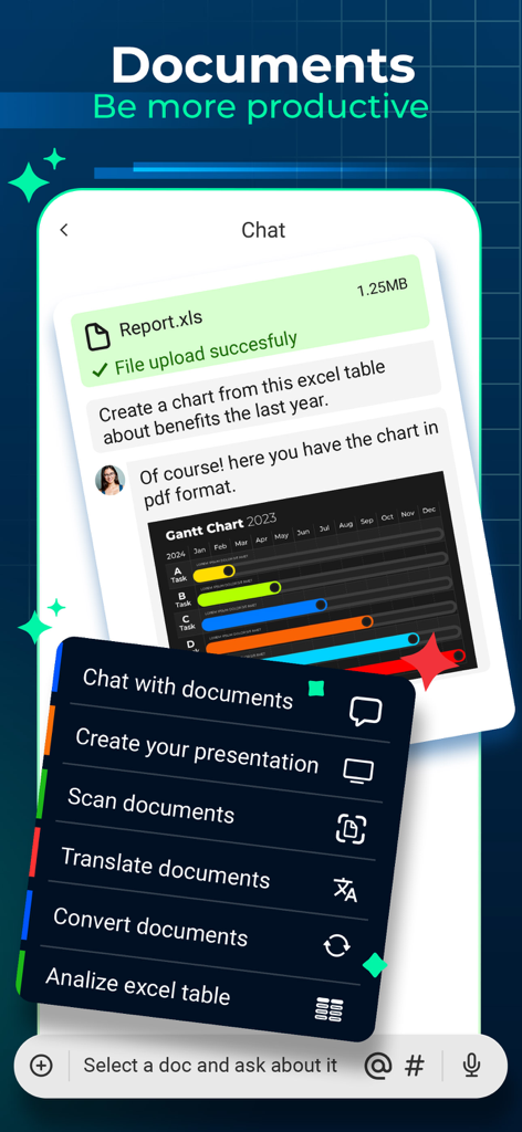 AI Chat PDF - Office docs bot - AI office assistant chat interface showing Excel data analysis and a list of document processing tools.