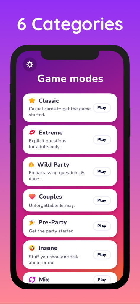 Truth or Dare game app screen displaying six game modes including Classic Extreme Wild Party and Couples