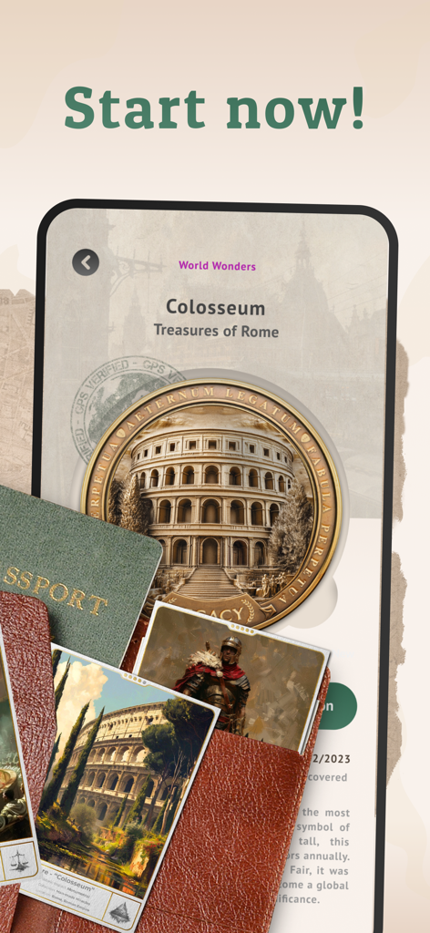 Souvenirs旅行アプリ内のスマートフォン画面に表示されるコロッセオのデジタルお土産メダル。