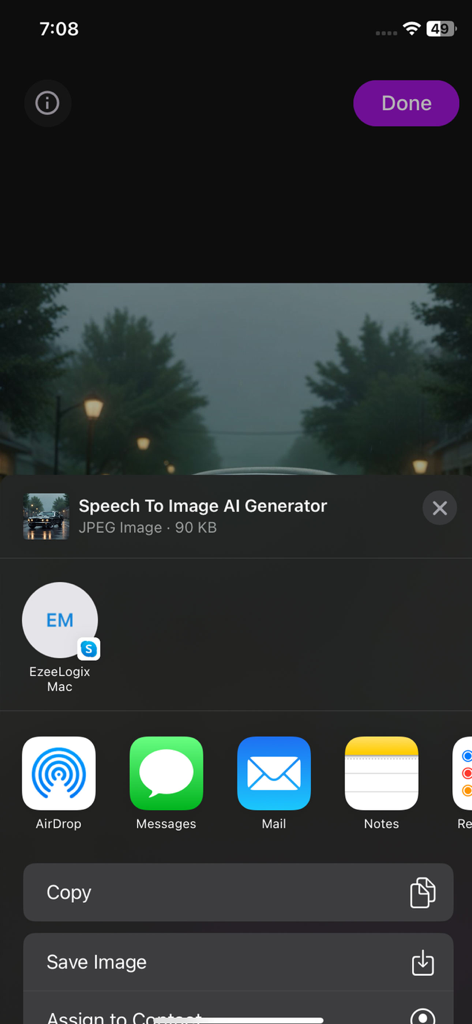 Speech To Image AI Generator - Interface de folha de compartilhamento do iOS no aplicativo Gerador de IA de Voz para Imagem mostrando opções para salvar ou compartilhar uma imagem gerada de rua nebulosa.