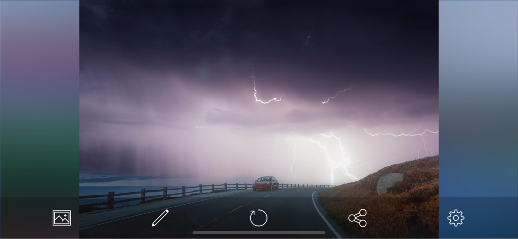 SkyAR - AI Change Photo Sky - A photo of a car on a road with a dramatic purple lightning storm sky created using SkyAR