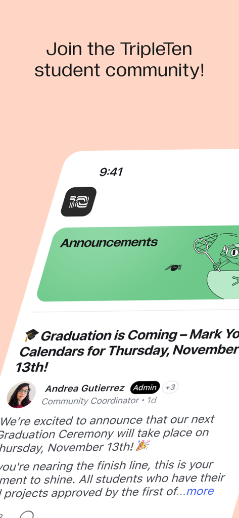 TripleTen Hub - Aplicación TripleTen Hub de la comunidad estudiantil mostrando un anuncio de ceremonia de graduación