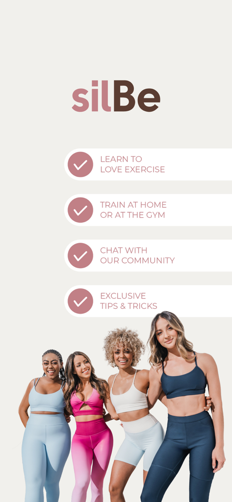Características y beneficios de la aplicación de fitness silBe con cuatro mujeres diversas en ropa deportiva