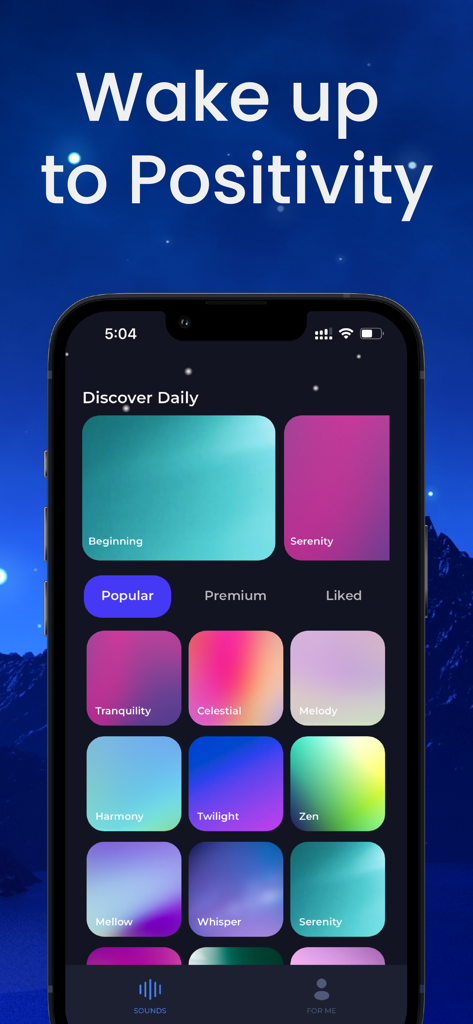 Insomnia Relief - Sleep music - Capture d'écran de l'application Soulagement Insomnie montrant une collection d'options de sons de sommeil apaisants nommés comme Tranquillité et Céleste