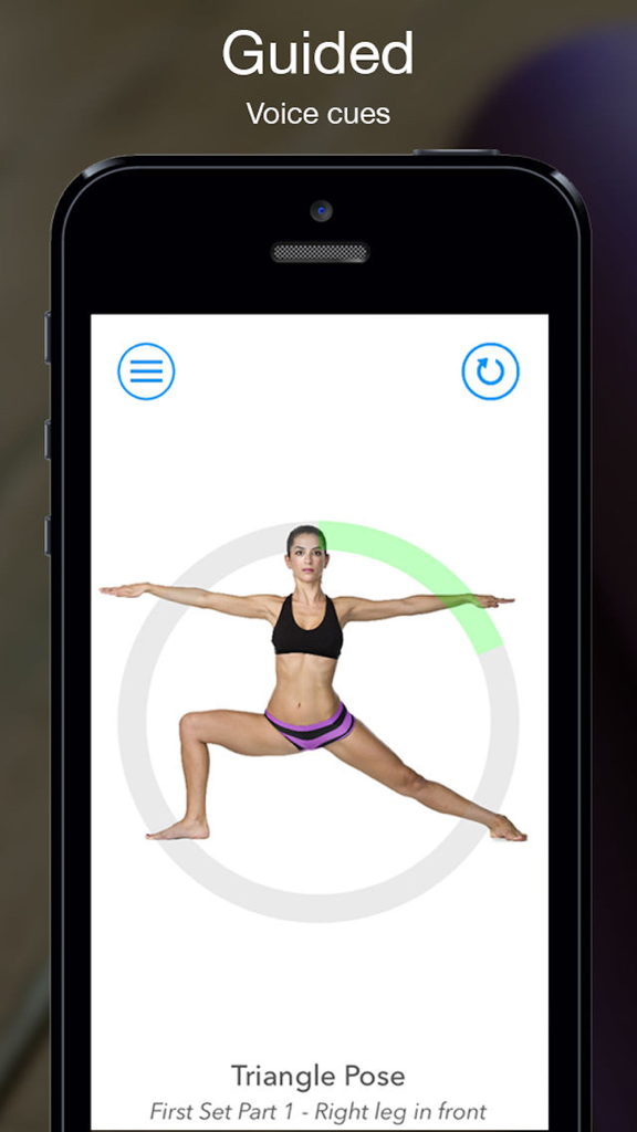 A smartphone displaying the Hot Yoga Timer app featuring a woman performing the triangle pose with a circular progress timer and voice cue indicators