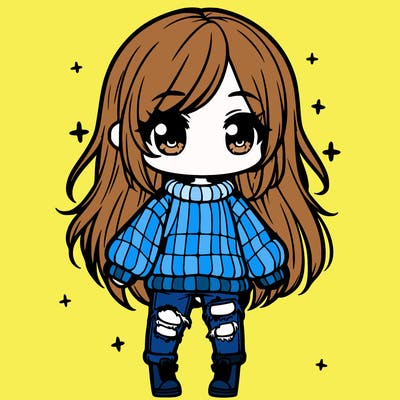 chibi girl with ripped jeans,long hair, and an oversized sweater