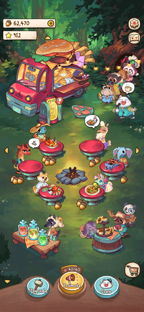 Campfire Cat Cafe - Cute animal customers dining at a forest campfire cafe with a cat food truck.