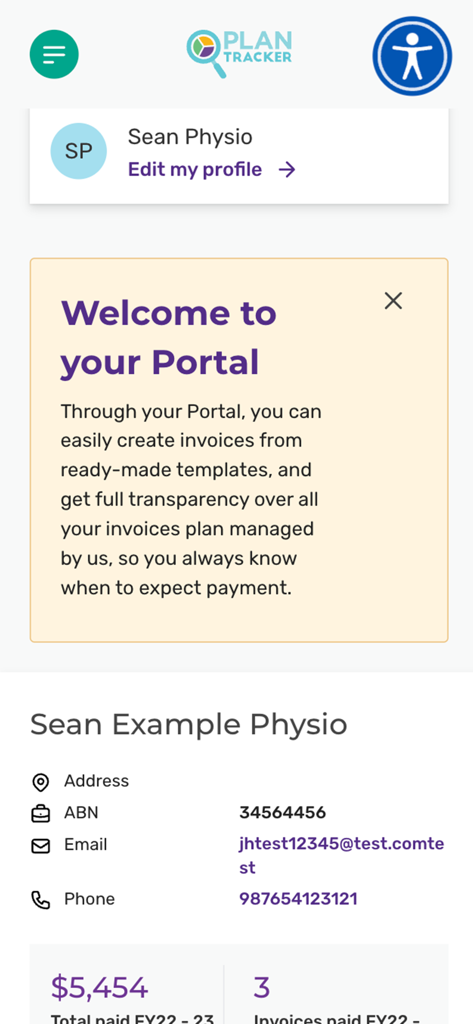 Plan Tracker Portal app interface showing a service provider profile page for Sean Example Physio with financial summaries