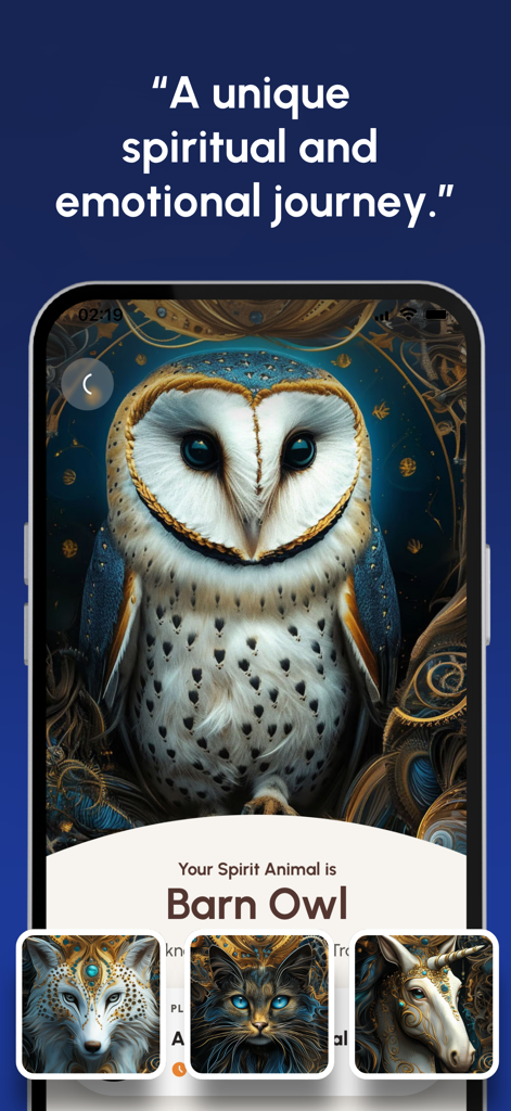 Shadow Work - Mindberg - Mindberg app interface showing a Barn Owl spirit animal with artistic illustrations of a wolf cat and unicorn