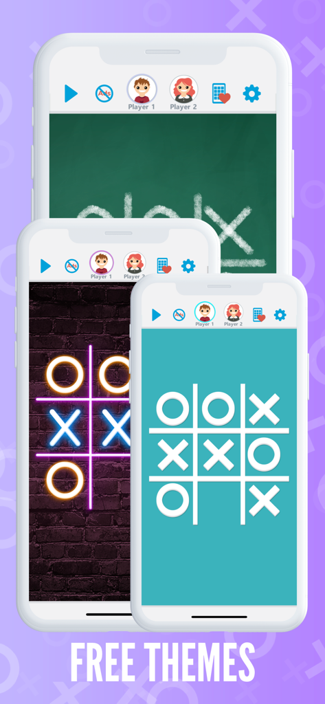 Tic Tac Toe OXO - 2 Player - Three smartphones displaying the chalk neon and modern visual themes for Tic Tac Toe OXO