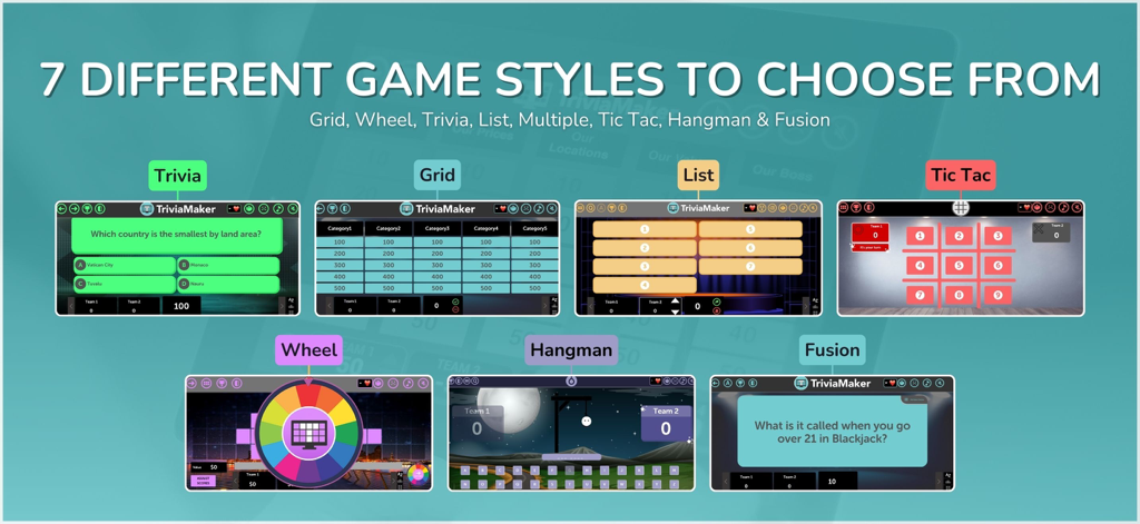 Trivia Maker - Quiz Creator - Descripción general de siete estilos de juego interactivos diferentes en Trivia Maker, incluyendo Cuadrícula, Rueda de Trivia y Lista