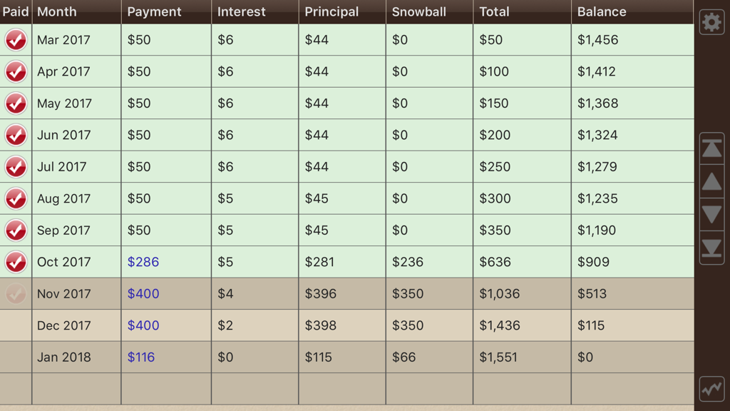 Debt Manager - Debt payoff schedule showing monthly payments and snowball method progress