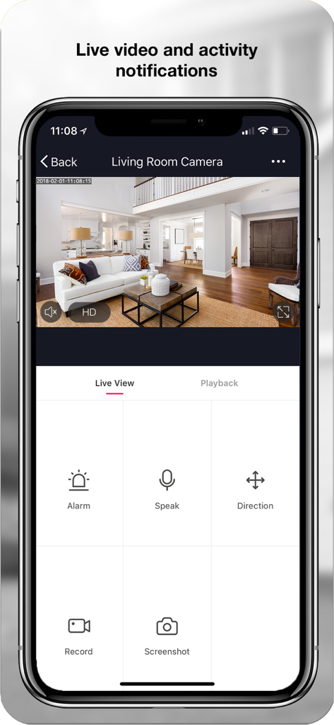 Energizer Connect - Energizer Connect app interface showing live video from a living room camera with remote controls