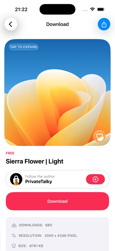 Wallpapers Central 앱에서 Sierra Flower Light 배경화면 미리 보기와 다운로드 버튼 및 크리에이터 정보.