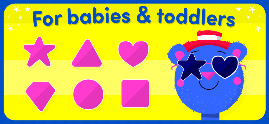Shape games for kids toddlers - Educational shapes game interface featuring a blue character and pink geometric shapes.
