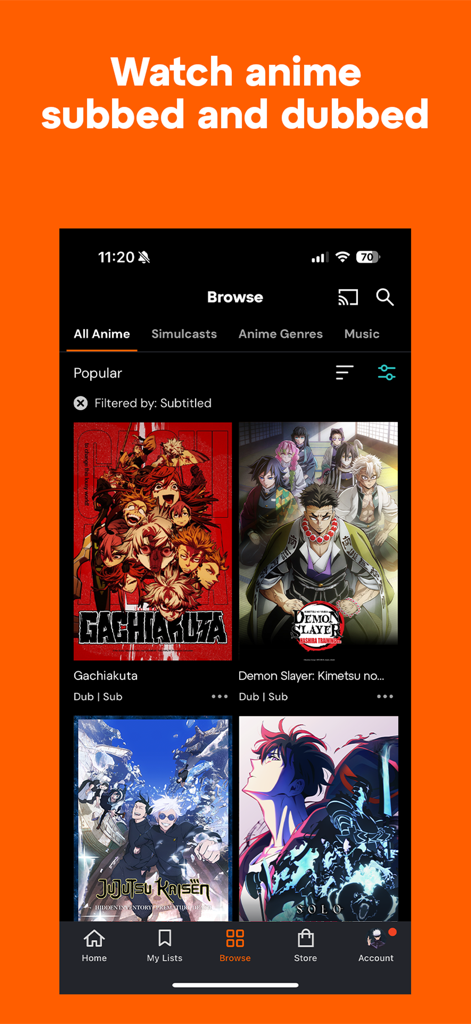 Crunchyroll app browse screen showing popular anime series with subbed and dubbed labels