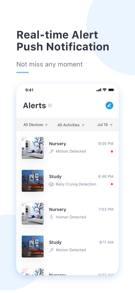 Interfaccia dell'app mobile Yi iot che mostra un elenco di notifiche di sicurezza in tempo reale per il rilevamento di movimenti e pianti di bambini.