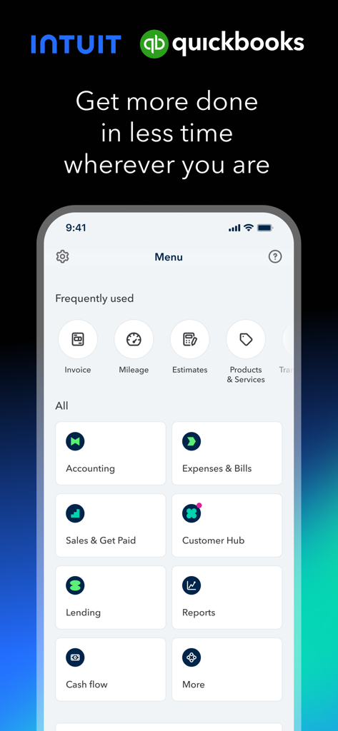 Intuit QuickBooks for Business - Painel do aplicativo móvel QuickBooks mostrando várias ferramentas de negócios, como rastreamento de quilometragem de faturamento e serviços de contabilidade