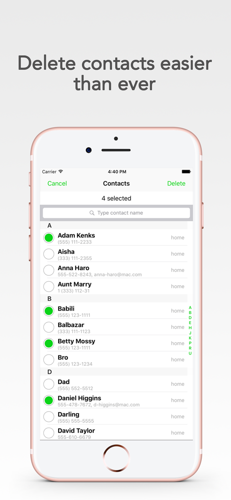 My Contacts Editor + - Interface of My Contacts Editor app showing how to select and delete multiple contacts on an iPhone