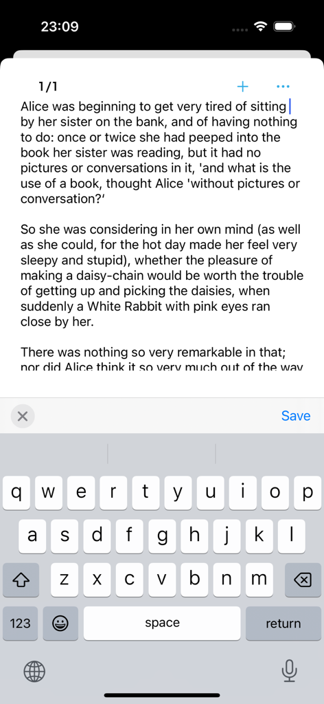 A mobile app screen showing captured text from Alice in Wonderland being edited within SmoothOCR with an on screen keyboard.