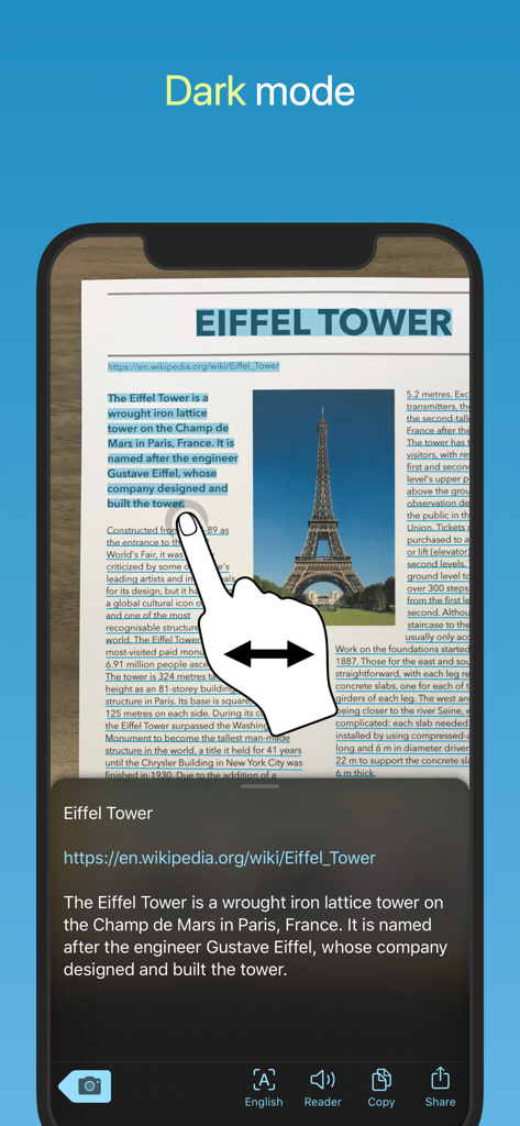 Smartphone screen showing Prizmo Go Volume Edition in dark mode scanning text from a document about the Eiffel Tower.