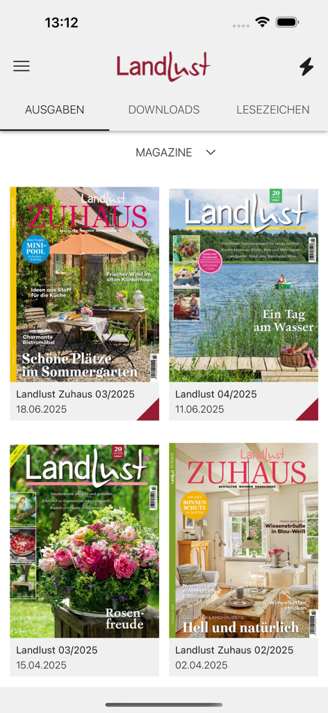 Landlust - Landlust app interface displaying a grid of digital magazine issues focused on country life and home decor.