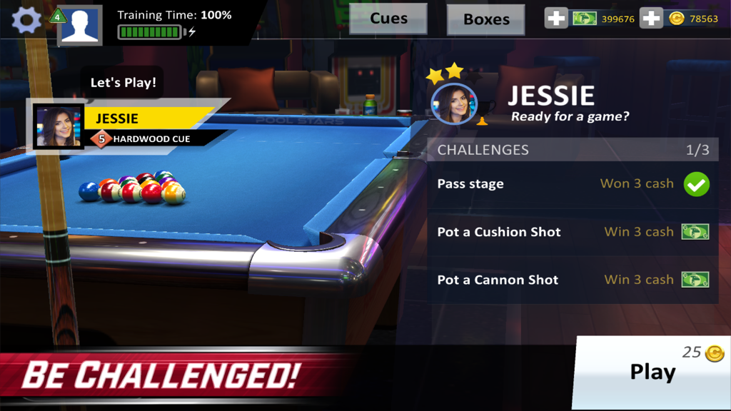 Pool Stars game interface showing a 3D pool table and a list of in-game challenges.