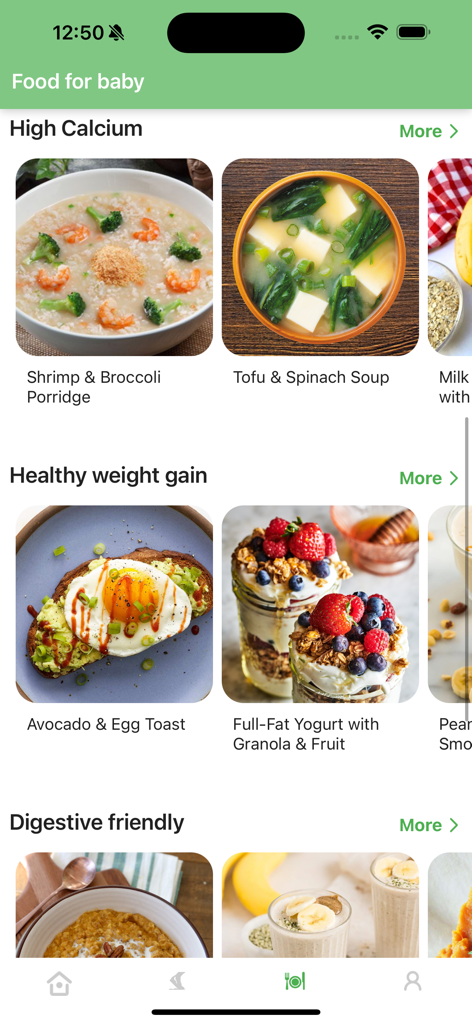 KidWorkout 360 Grow Faster - Seção de nutrição do aplicativo KidWorkout 360 mostrando planos de refeição saudáveis para crescimento e desenvolvimento.