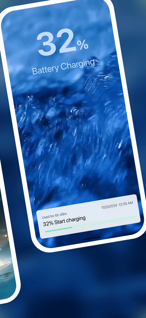 Live Wallpaper: Charging App - Pantalla de iPhone que muestra una animación de carga de batería con un fondo de pantalla animado de agua azul y un estado del 32 por ciento.
