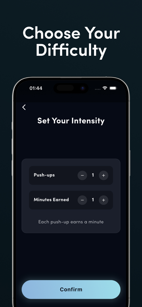 Settings screen in the PushBlock app where users choose the number of pushups required to earn screen time minutes.