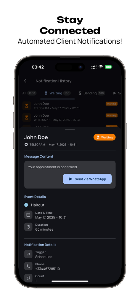 Bookora Calendar - Pantalla de Bookora Calendar mostrando notificaciones de citas automáticas para clientes.