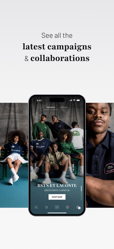 Un écran mobile montrant le flux tendance de l'application BSTN Store avec une campagne de collaboration exclusive Lacoste.