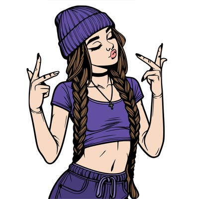realistic teenage girl with braids and a beanie and crop top doing 🫶🏼
