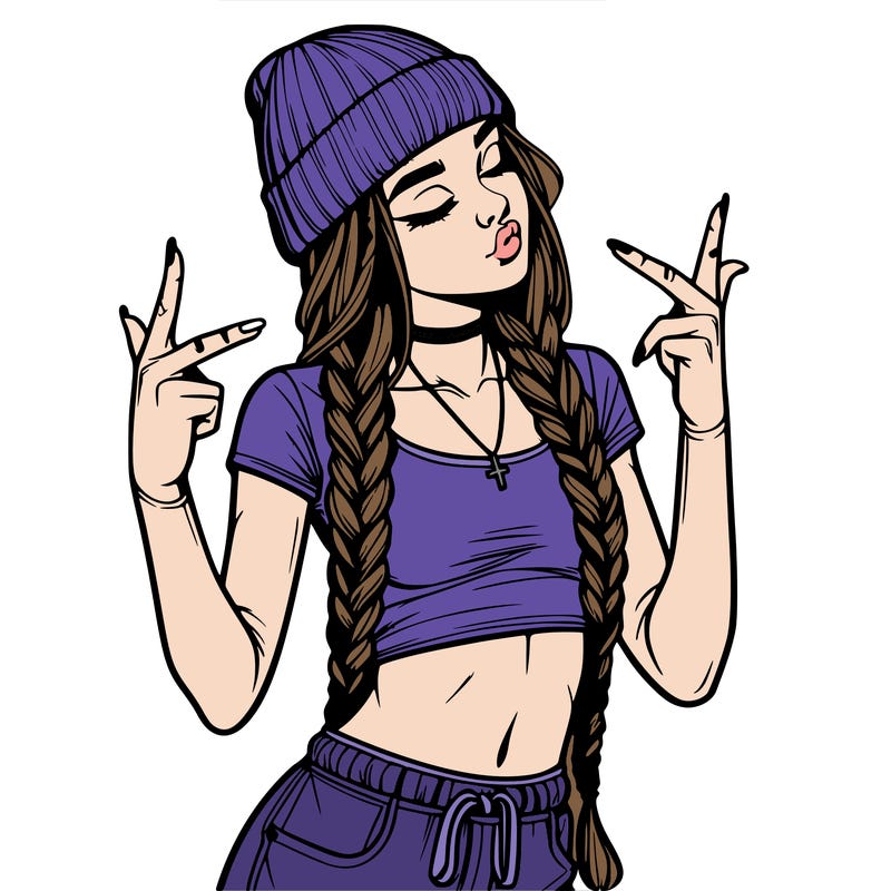 realistic teenage girl with braids and a beanie and crop top doing 🫶🏼