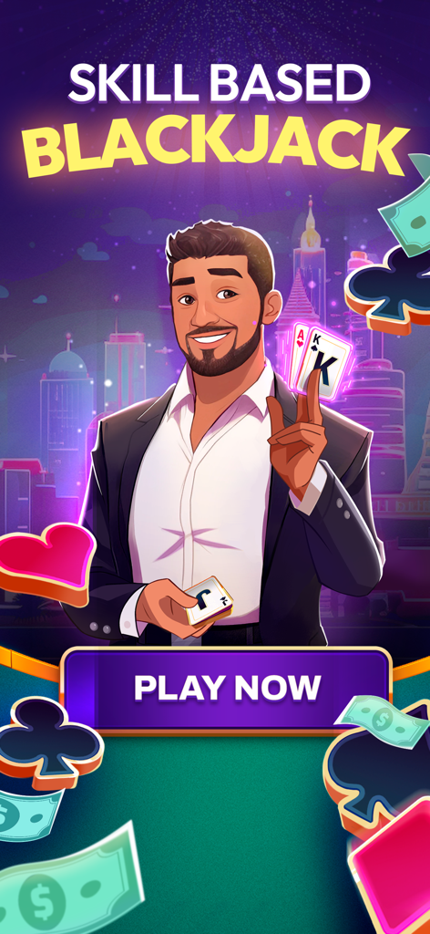 Blackout Blackjack - Real Cash - ブラックアウト・ブラックジャックのスキルベースのゲーム画面、トランプを持つ男性が表示されている