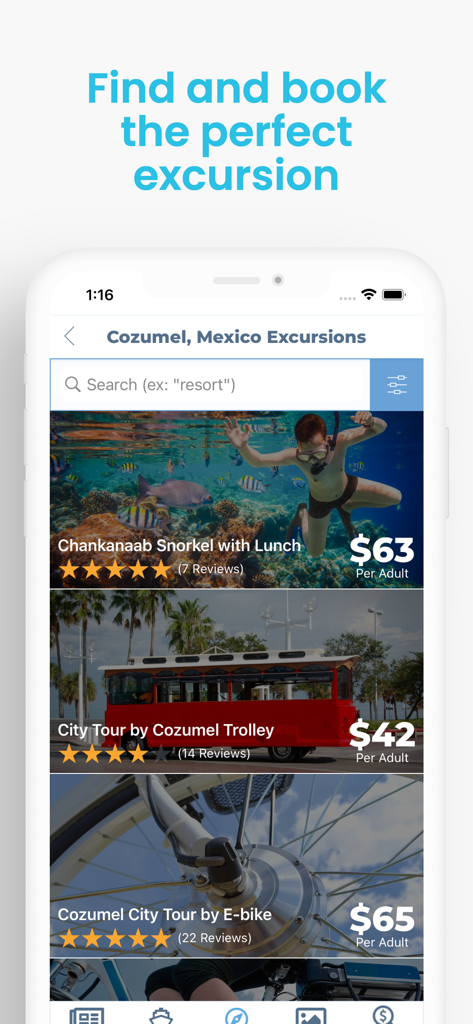 Shipmate app screen showing a list of cruise excursions in Cozumel Mexico with prices and ratings.