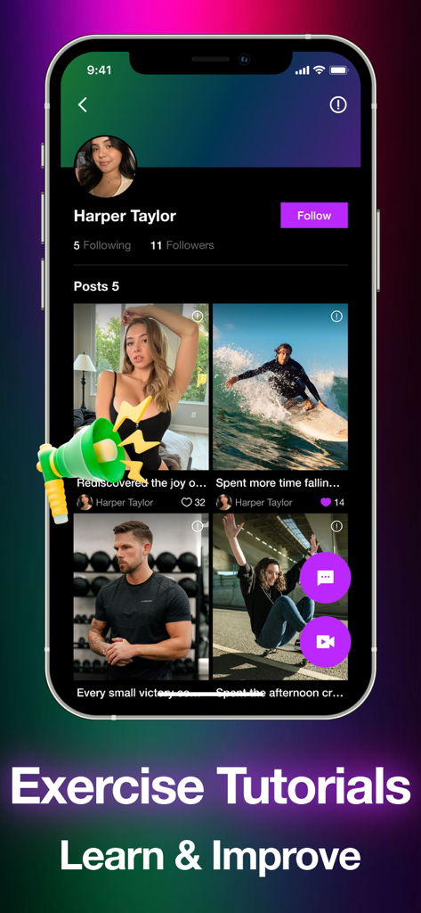 Duvet - Chat & Video Call - Duvet app user profile screen displaying fitness posts and social networking features