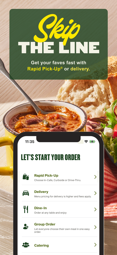 ラピッド・ピックアップ®、デリバリー、店内飲食の注文オプションを表示するパネラブレッドアプリのインターフェース。