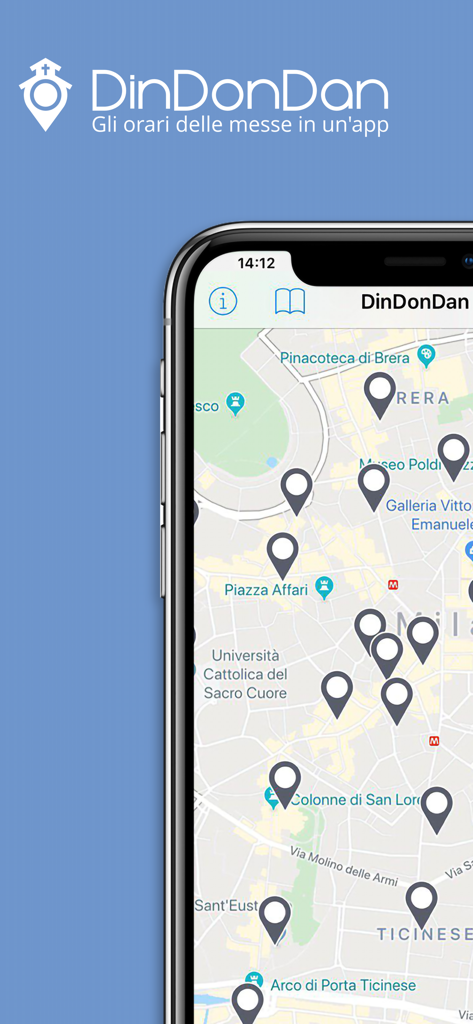 DinDonDan - App DinDonDan che mostra una mappa con segnaposto per le posizioni delle chiese cattoliche