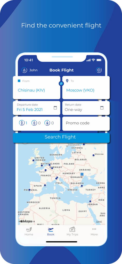 FLYONE - FLYONE mobile app interface for searching and booking flights featuring a route from Chisinau to Moscow and a map of European destinations