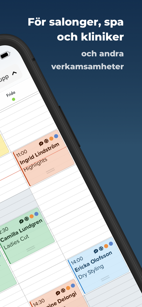 Cliento - Smartare bokningar - Vista calendario mobile nell'app Cliento che mostra appuntamenti per saloni e spa.